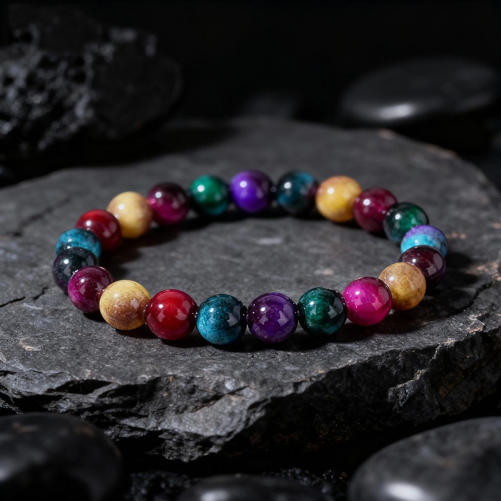 Festive Gifts Multicolor Rainbow Agate Beaded Bracelet Vibrant Fashion Jewelry For Men And Women Daily Wear Simple Versatile Accessory
