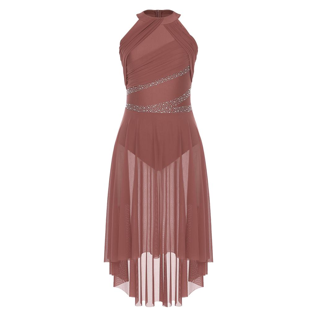 Womens Lyrical Dance Dress Sleeveless Asymmetrical Hem Sparkling Rhinestones Ruched Design Performance Gown