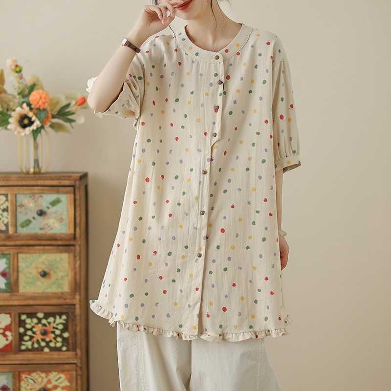 

women s round neck single-breasted dot cotton and linen short-sleeved M
