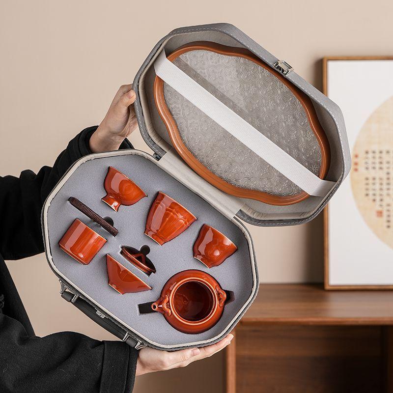 Retro Ceramic Kung Fu Tea Set Portable Travel Teapot with Gift Box Home Office Brewing Chinese Traditional Teaware Gift