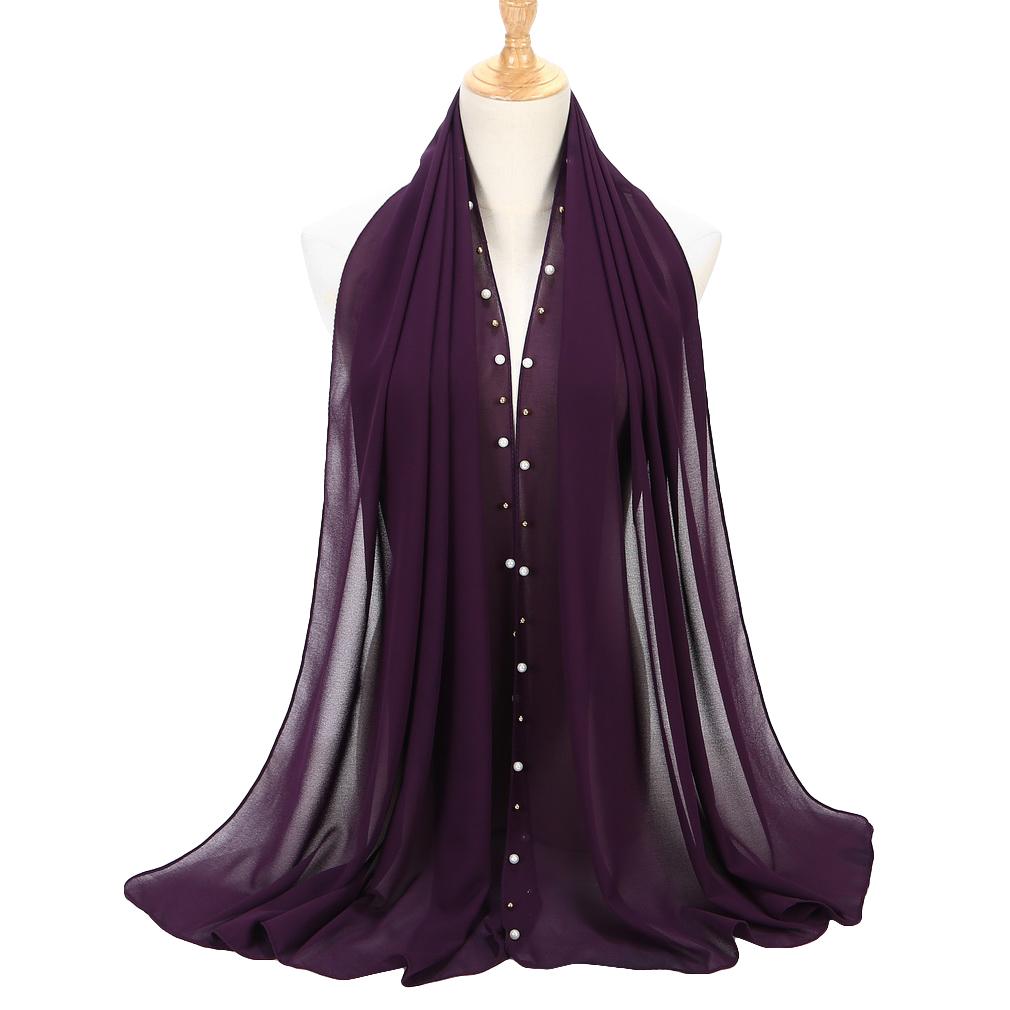 Women's Solid Chiffon Pearl Scarf, Elegant Beaded Hijab Shawl, Muslim Headscarf for Daily/Party