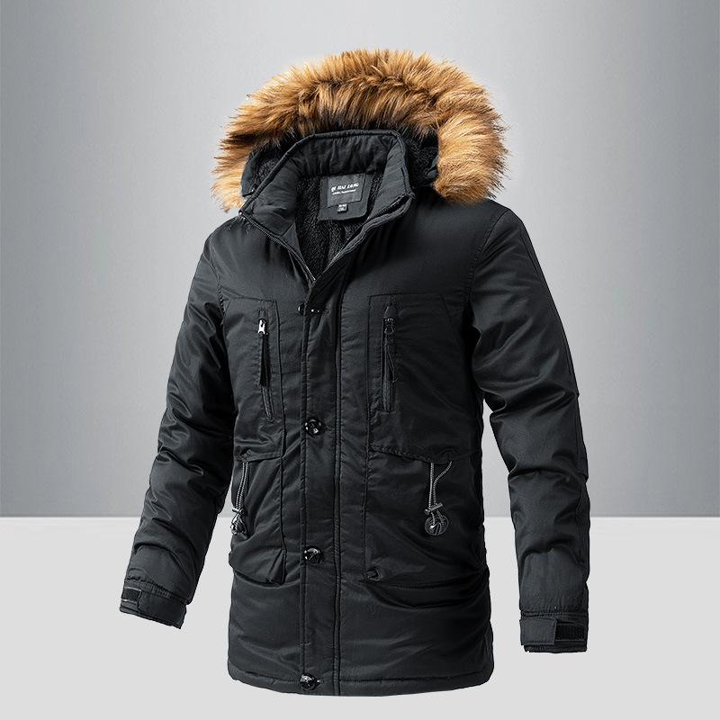 Big Fur Collar Tooling Medium and Long Cotton-padded Clothes, Washed Jackets, Men's Warm Jackets, Plush and Thickened Jackets.