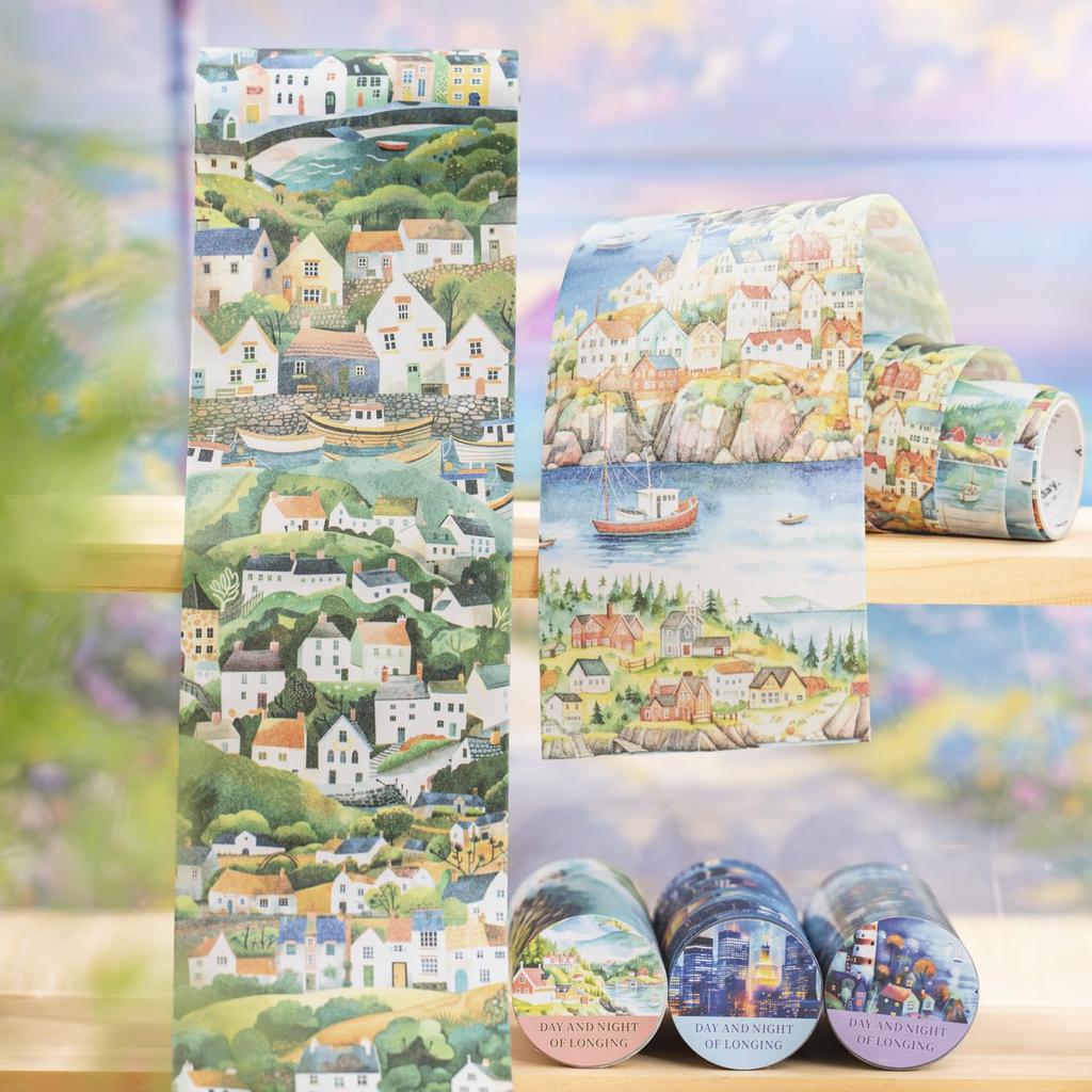 Alideco Wide Washi Masking Tape Set, 6 Rolls, 8.0 Cm × 2 M, Retro Landscape & Lighthouse (Design Chongjingderiyuye)