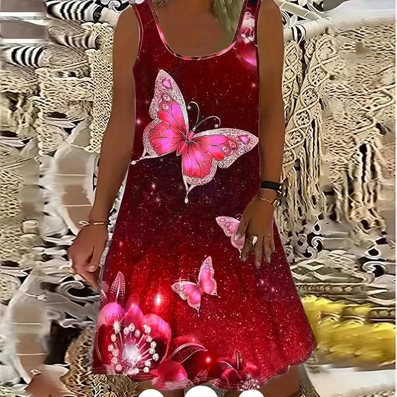

Женское платье без рукавов с круглым вырезом и принтом бабочек, свободное, мягкое и удобное, большого размера 8XL красный