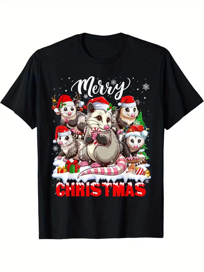 2025 Christmas Opossum Santa Reindeer Opossum Ugly Xmas T-Shirt Black casual sho XXL