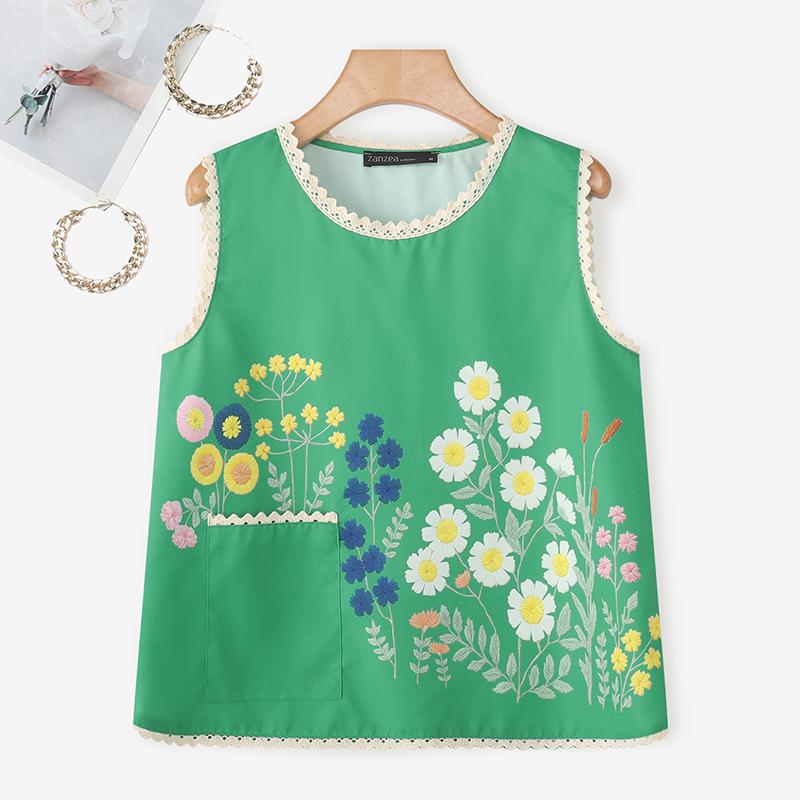 

ZANZEA Женские повседневные летние топы без рукавов с круглым вырезом и принтом 3XL зелёный