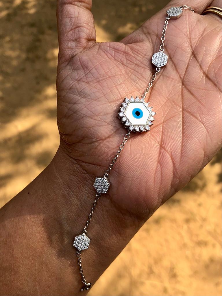 Artisan Crafted 925 Silver Evil Eye Protection Bracelet, Amulet Nazariya, Mother of Pearl Jewelry, Handmade, Handcrafted 7" + 1" ext, 6.2 gm
