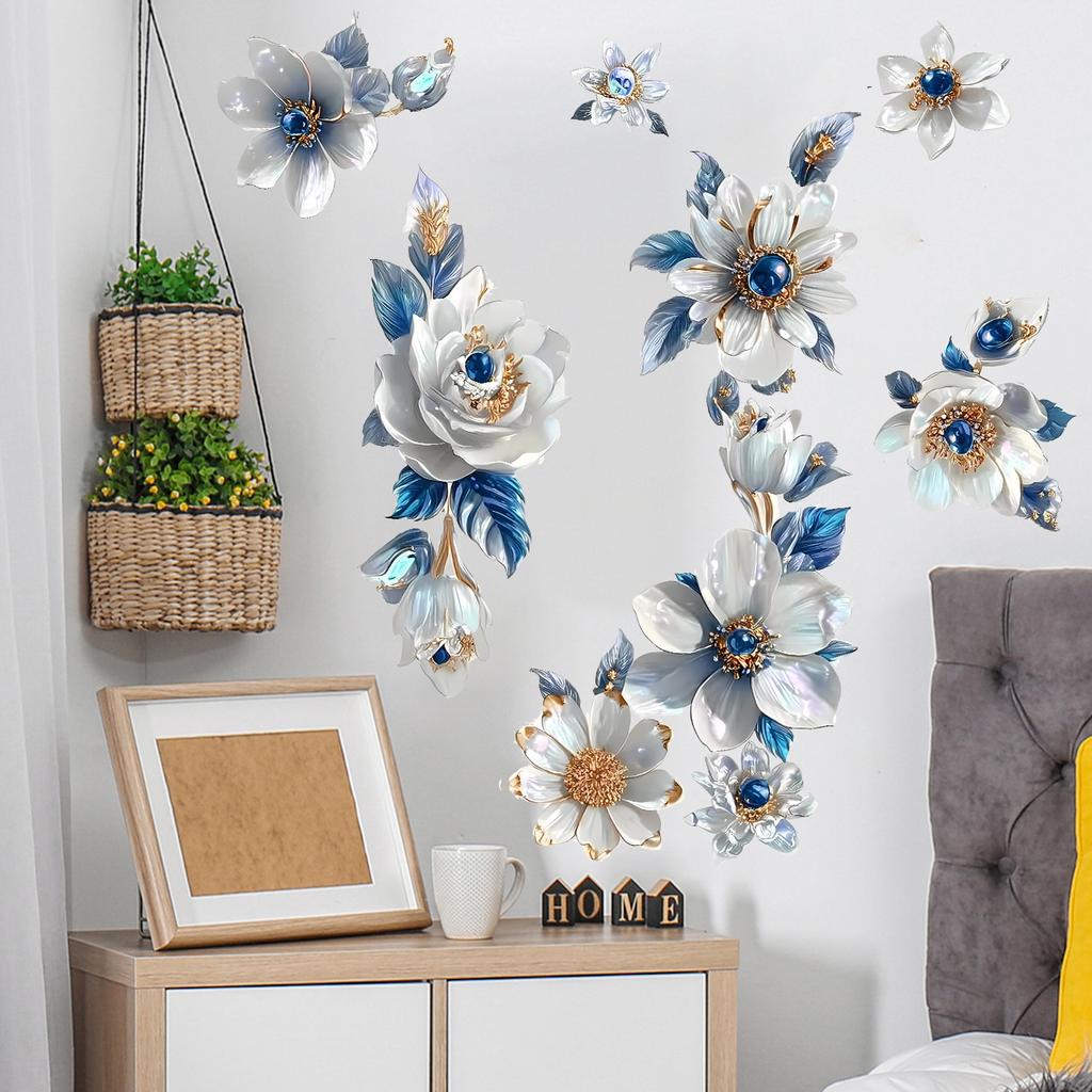 3D Floral Paper Blue and White Decoration for Living Room Bedroom Background Wall Decoration Stickers