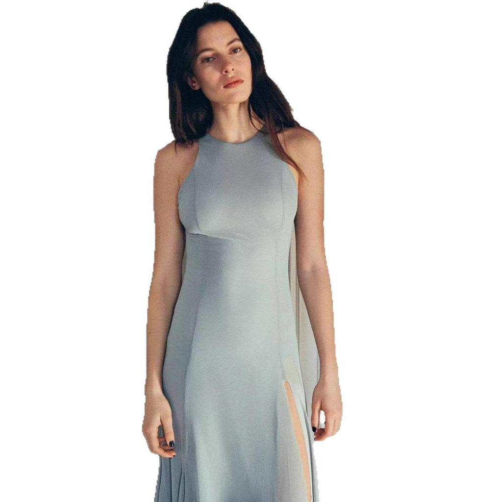 2025 Spring Elegant Wave Style Silk Net Round Neck Sleeveless Maxi Dress