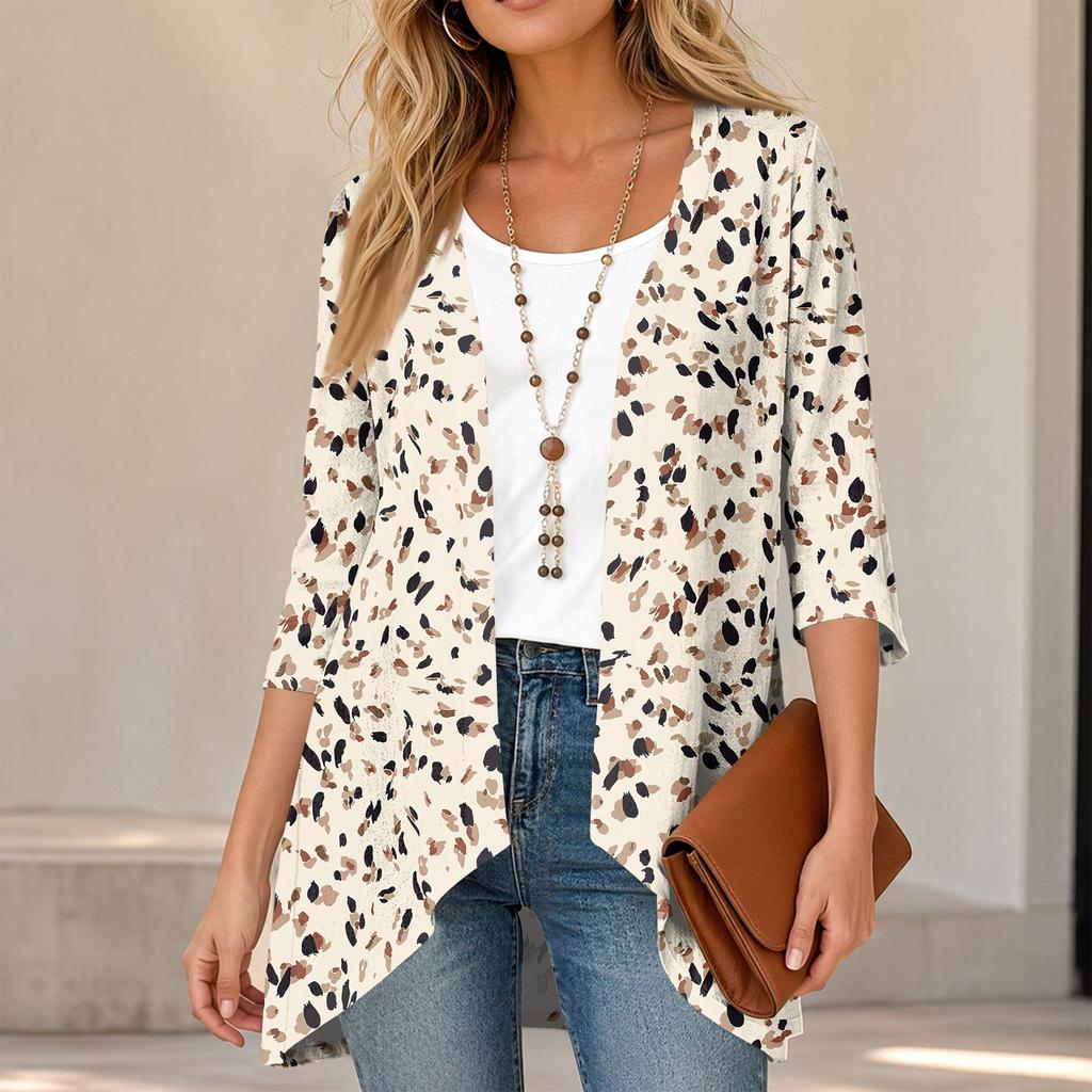 Women's Vintage Floral Print Three-Quarter Sleeve Lightweight Cardigan for Casual Daily Wear