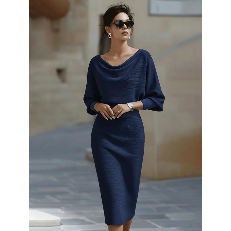 Elegant Wrap Waist Midi Dress Women Slim Fit Office Wear With Batwing Sleeves Color Block Detail