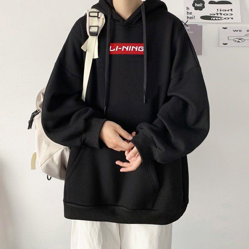 Li Ning Logo Embroidered Fleece Thick Warm Sweatshirt Set Unisex sweatshirt Black YWDT333-2+AKLT809-1