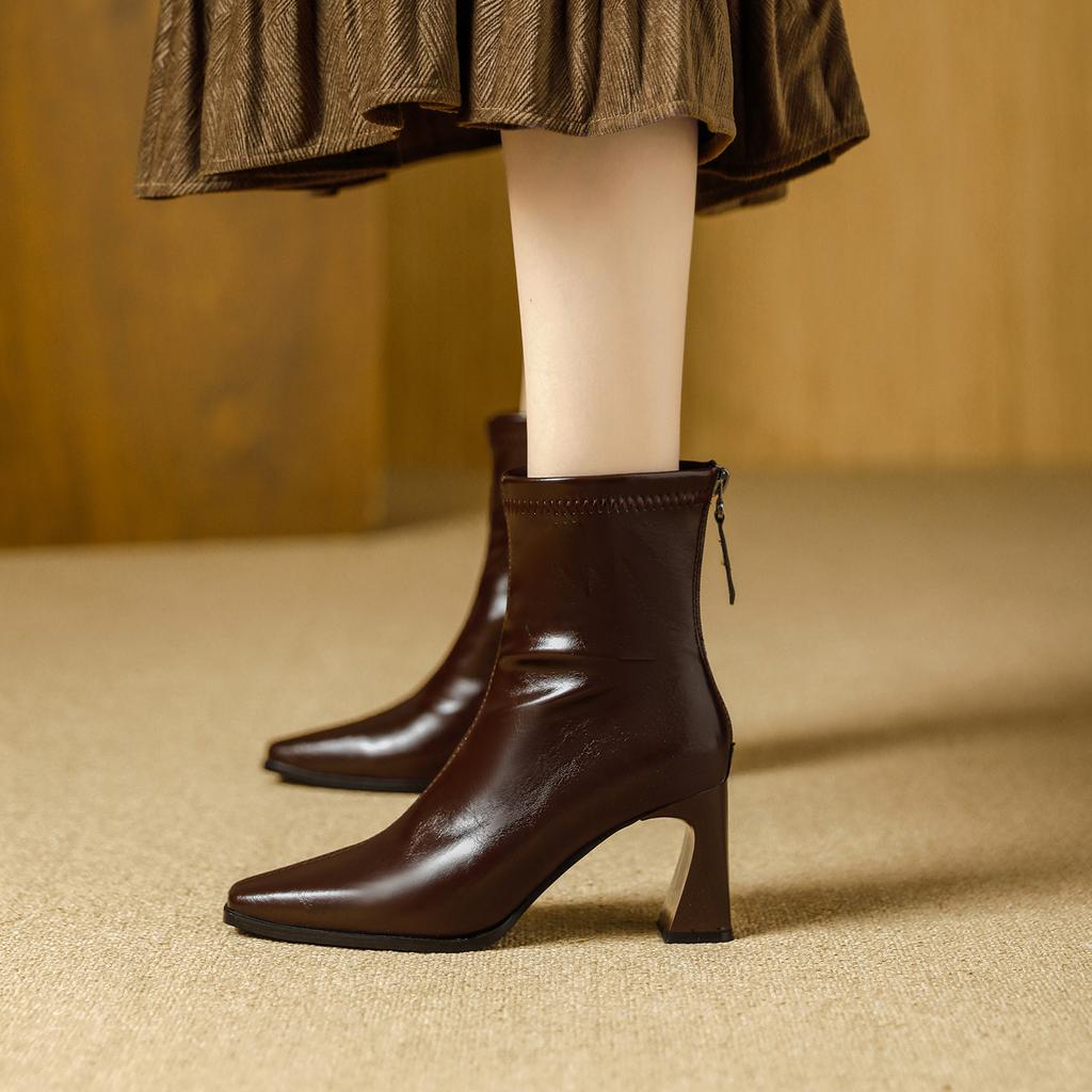 High-heeled Short Boots Women's 2025 Autumn and Winter New Maillard Boots Women's Medium Boots Thick-heeled Brown French Short Boots