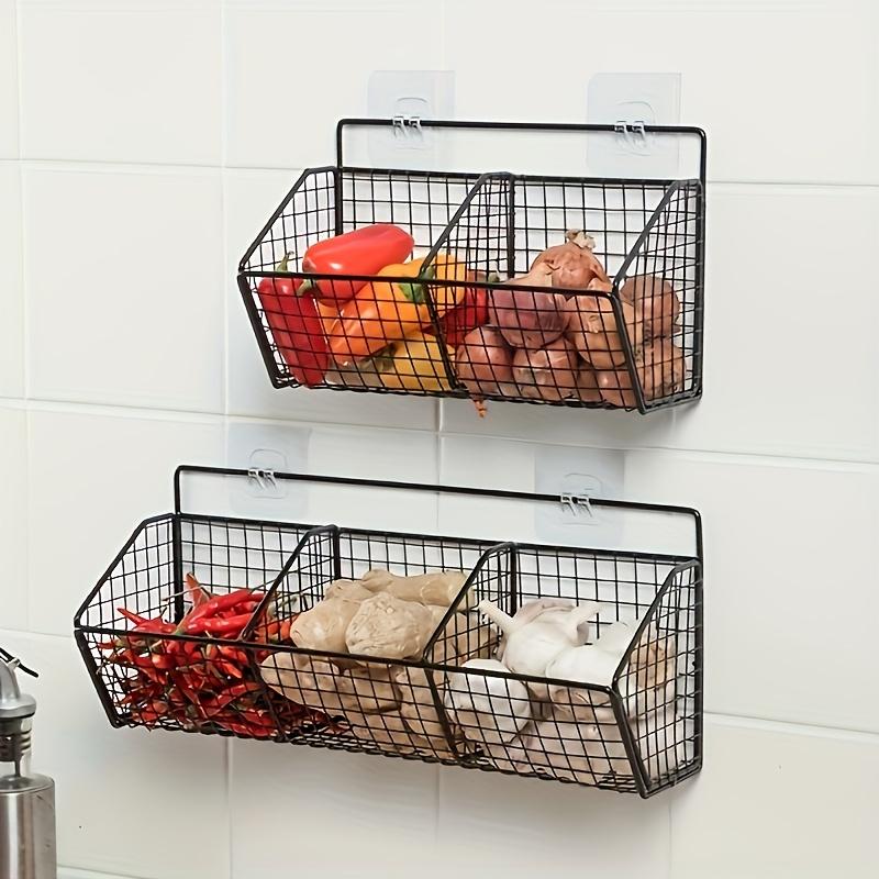 Wall-Mounted Metal Kitchen Storage Rack Durable Vegetable, Garlic, and Onion Organizer Basket - Space-Saving Design Mesh Holder