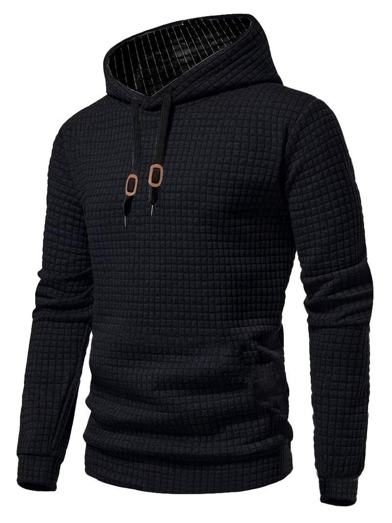 European Long Sleeve Hooded Men's Hoodie with Drawstring Jacquard Checkered Patchwork.