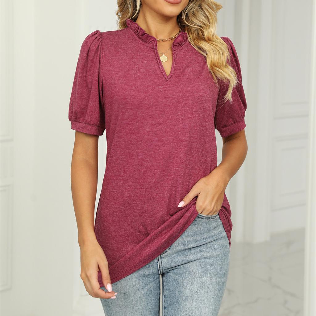 GMXIA Women's Fashion Casual Solid Color Print Short Sleeve V Neck Blouses & Shirts