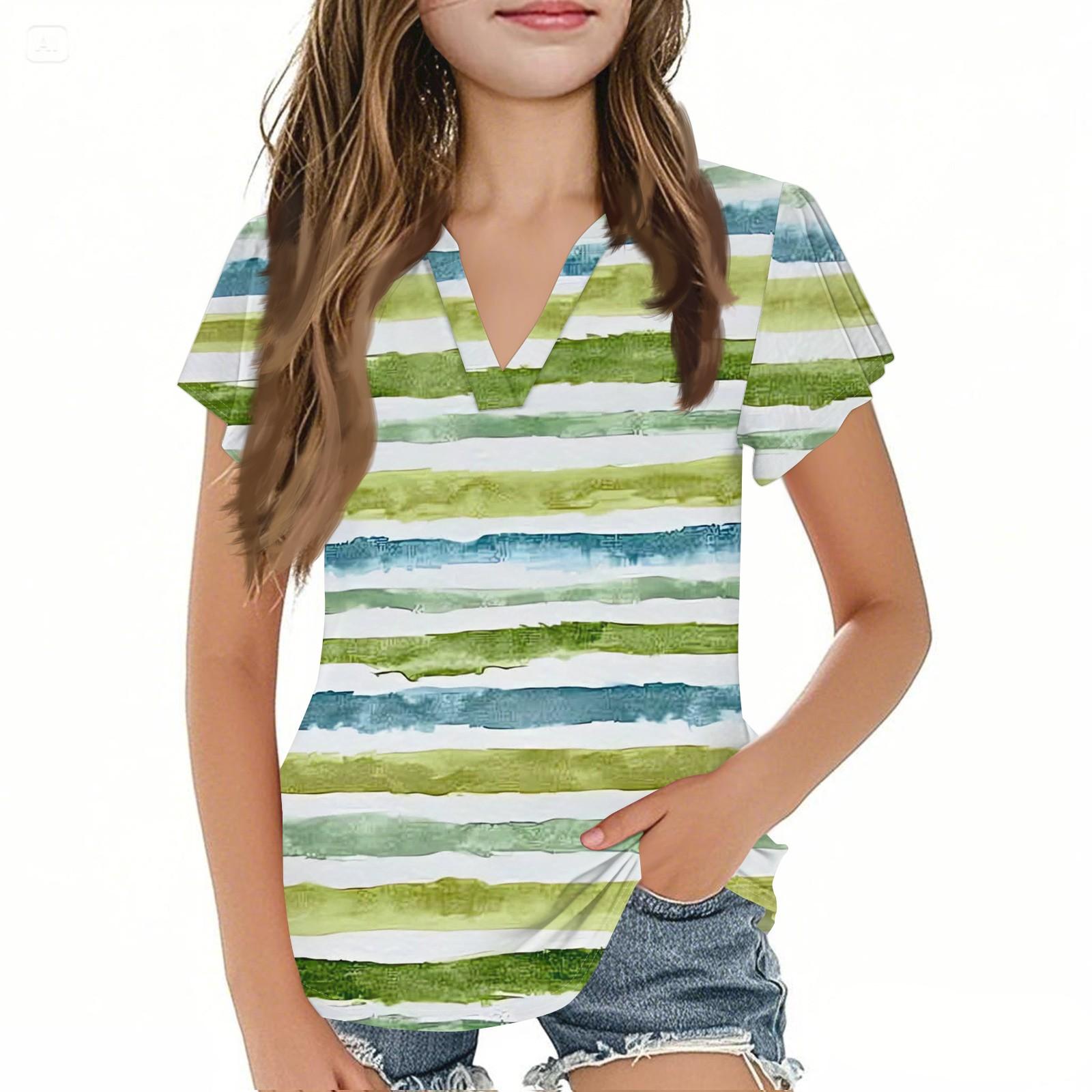 

Летний детский милый и повседневный модный топ с короткими рукавами и V-образным вырезом в полоску для девочек 120