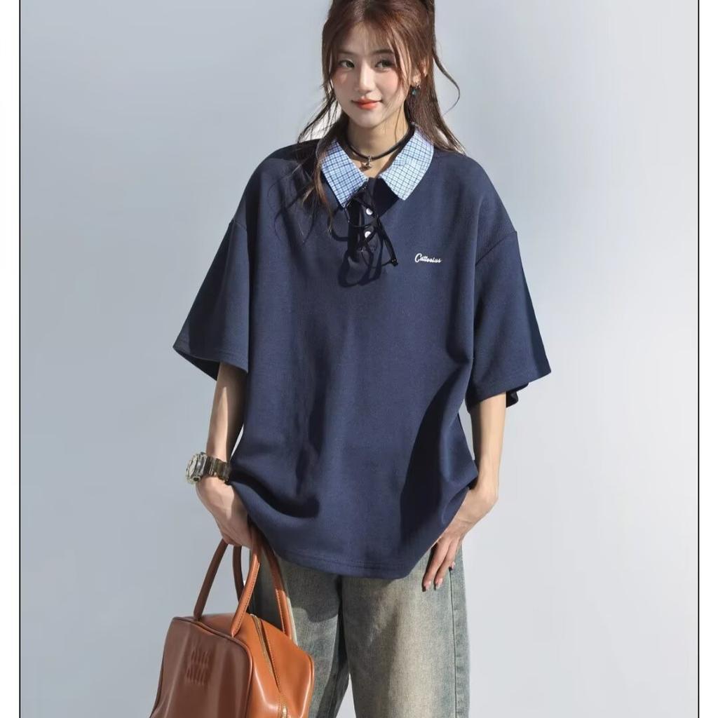 Korean Fake Two-piece Short-sleeved POLO Shirt Girls Embroidered Navy Blue Atmosphere Top Clean Wear T-shirt
