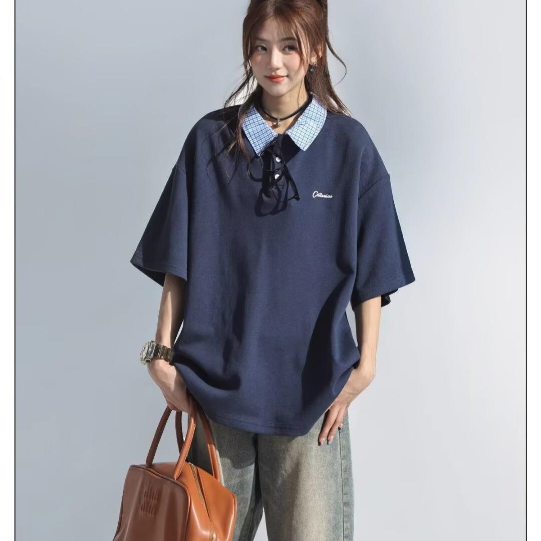 

Корейская футболка ПОЛО с коротким рукавом, имитирующая двойку, для девочек, вышитый темно-синий топ в стиле атмосферы, чистая одежда, футболка XXL