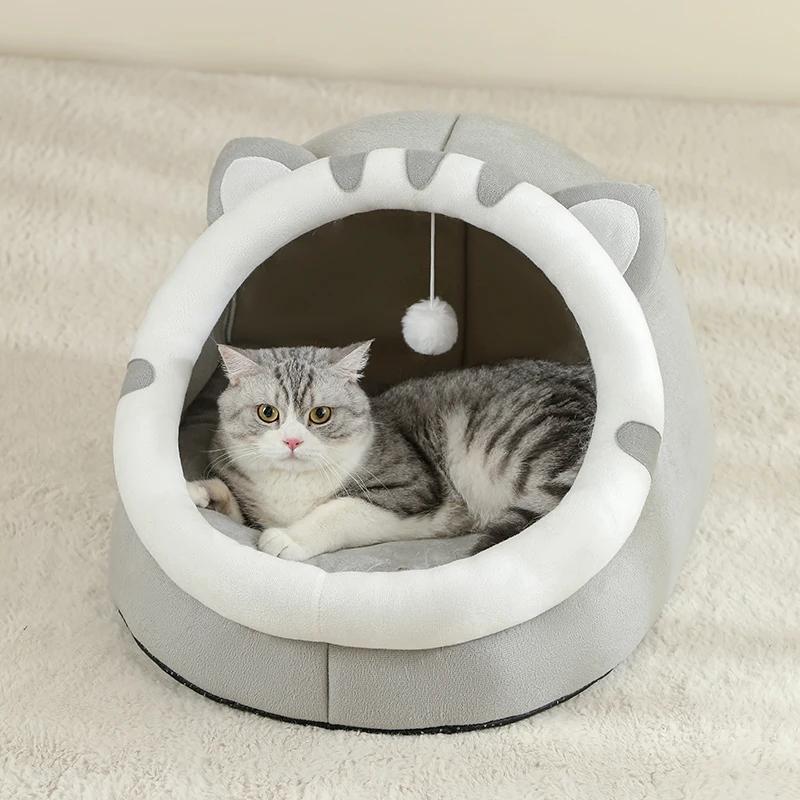 Cartoon Cat Ear Closed Cat Bed Soft Fluffy Warm Pet Nest Dog Mat with Hanging Toy Washable Cat House for Cats & Small Dogs