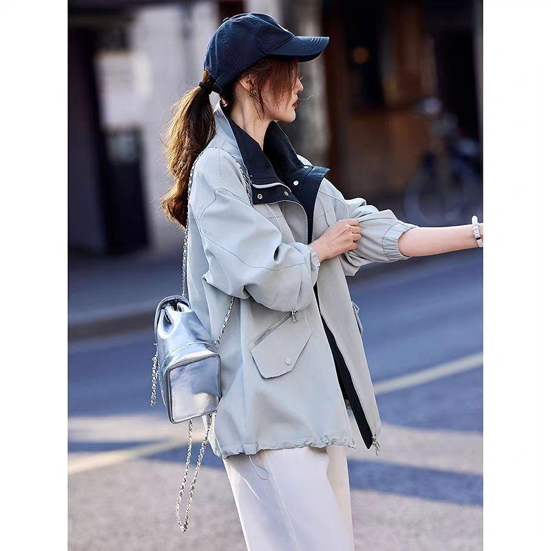 2025 Autumn Color Block Stand Collar Windbreaker: Casual Mid-Length Loose Fit Jacket