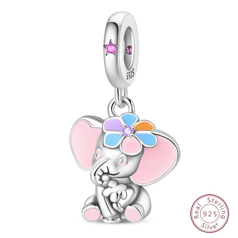 S925 Silver Birthday Bear Lucky Cat Elephant Family Firefly Charms Beads Fit 3mm Bracelets DIY Fine Jewelry