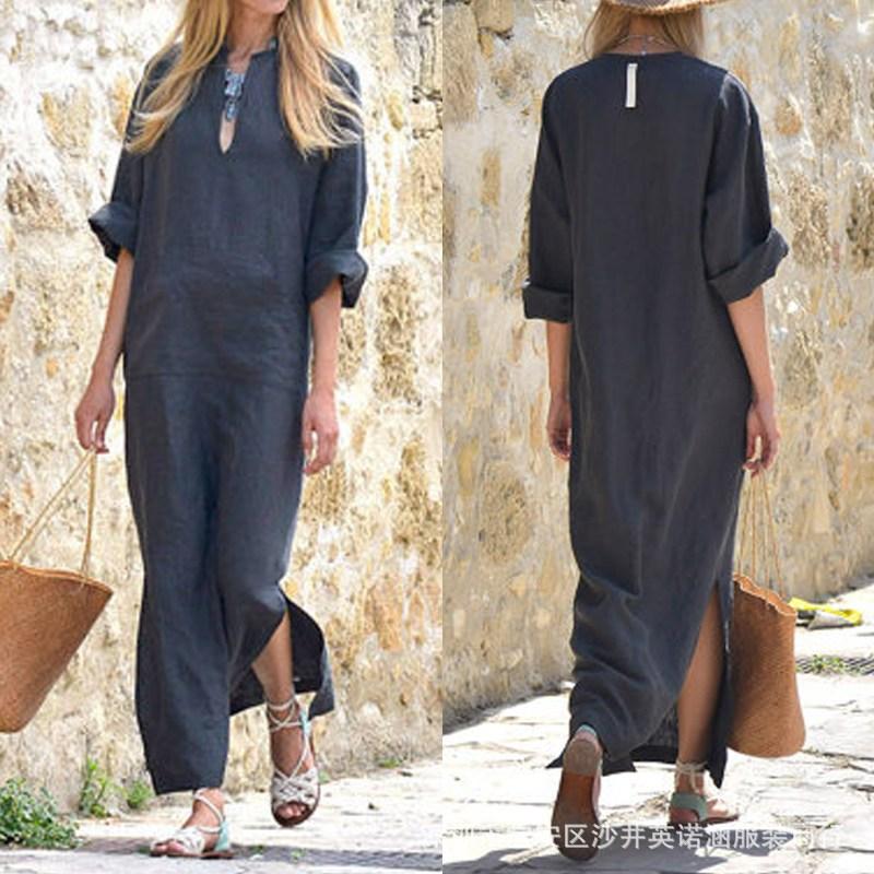 Women's V-Neck Large Size Medium Sleeve Long Skirt Wind Dress Commuter Irregular Skirt