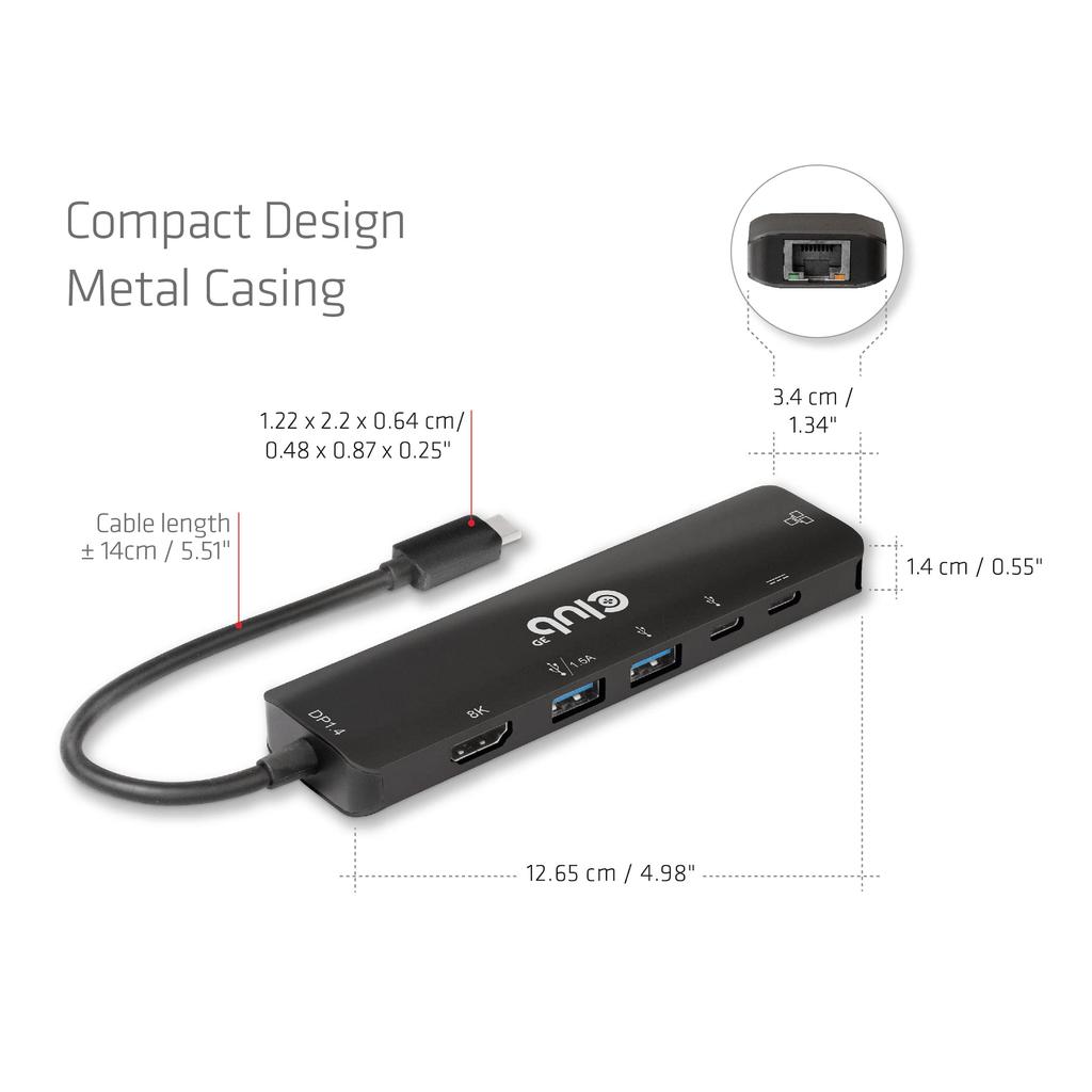 Club 3D USB Gen1 Type C Hub To HDMI 8K30Hz 4K120Hz 2x USB A RJ45 USB C 5Gbps USB C 100W 6-in-1 / / / / PD3.0 (CSV-1596)