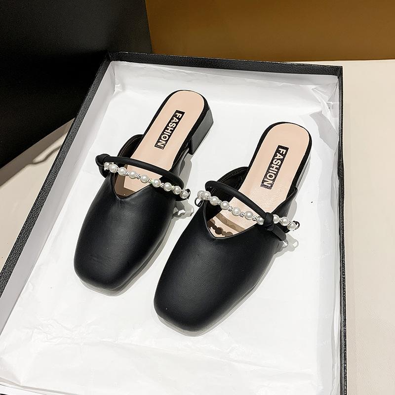 Baotou Half Slippers Female Summer Wear Thick Heel Temperament Fairy Evening Wind Pearl Word with Mary Jane Single Shoes Cool Slippers