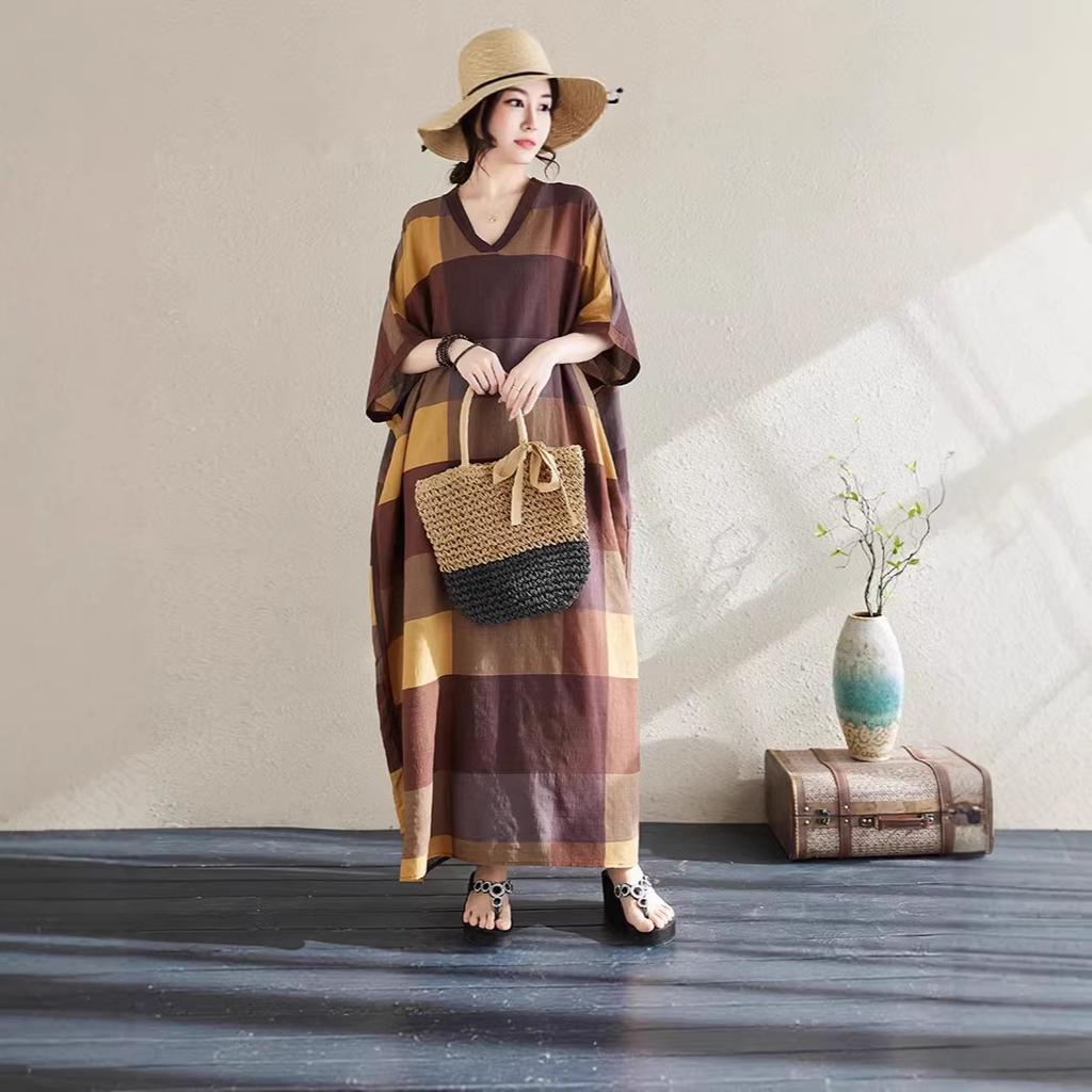 Cotton and linen printed round neck loose large size long sleeve fat MM plus fat plus size fake literary retro dress