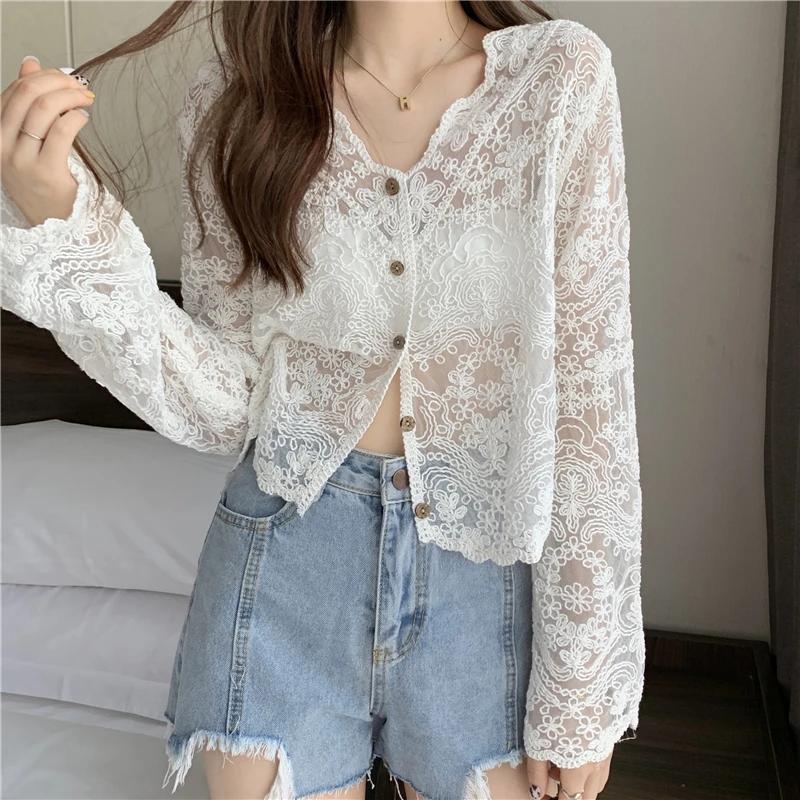 Korean Style Casual Sun Protection Sexy Ladies Tops Vintage Summer Lace Blouses Women See Through Sheer Long Sleeve Sun Shirts