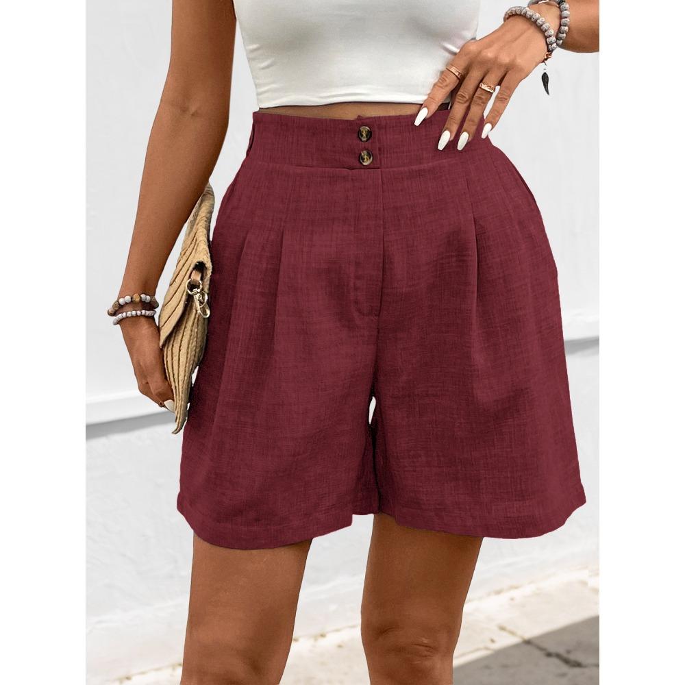 Women's Elastic High Waist Straight Leg Shorts Solid Color Button Pleated Casual Bermuda Shorts