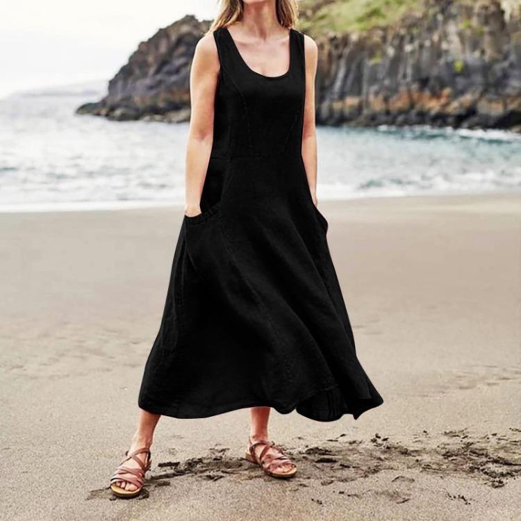 Summer Sleeveless Pocket Dress Cotton Linen Blend European American Style 19 Colors