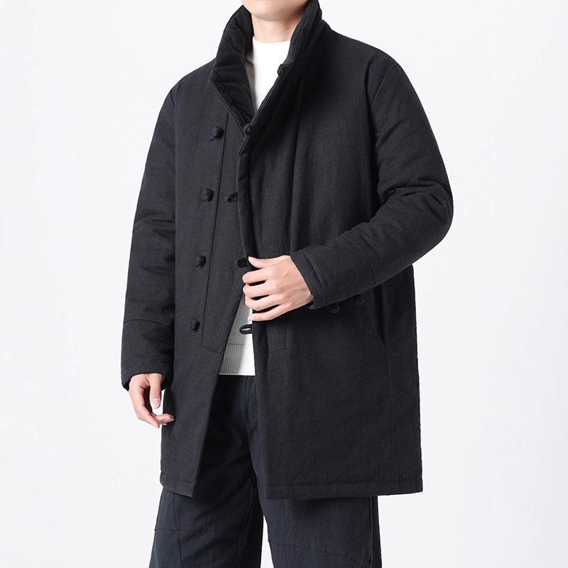 Pánská silná bavlněná lněná bunda v čínském stylu s žabími knoflíky, stojáčkem, střední délky, velikost Plus Size Tang oblek.