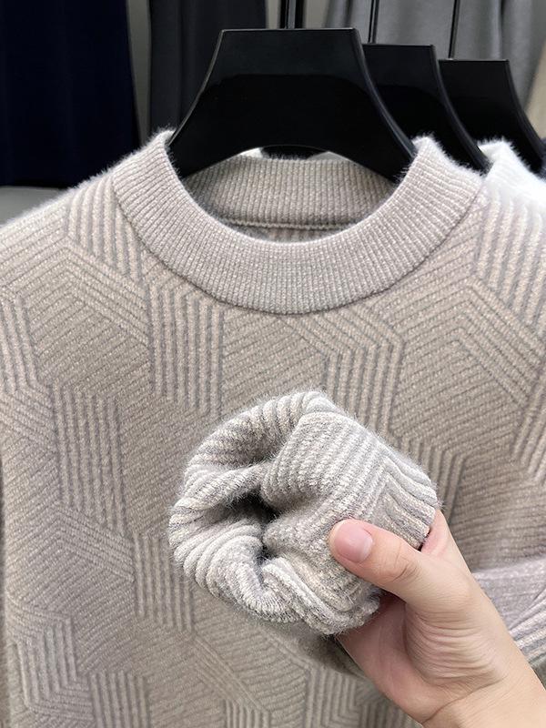 Pulover cu guler rotund din velur de zibelină, tricotat, fleece, top cu model jacard pentru bărbați