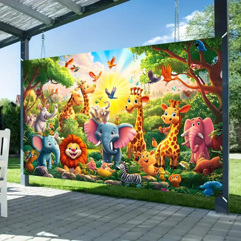 Animal-themed Polyester Party Banner: Colorful Wildlife Park Scenes with Giraffes, Elephants and More; Durable Wall Decorations