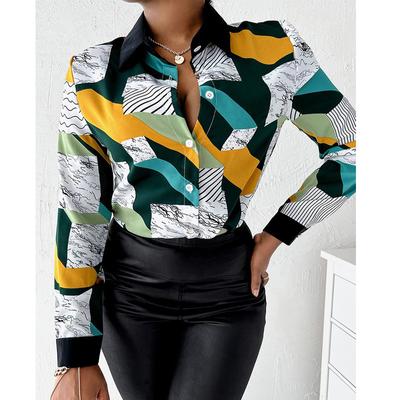 European and American Foreign Trade Women's Fashion-border Shirt Long Sleeve Spring Autumn Top Wish Turn-down Collar Button Printed Shirt for Wo