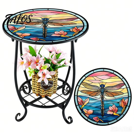 Mesa Lateral Externa Talos, Redonda Pequena Mosaico Pássaro Borboleta Acento de Pátio, Mesa de Apoio para Plantas Café Chá Interna para Quintal Varanda Jardim Sala de Estar, Quarto
