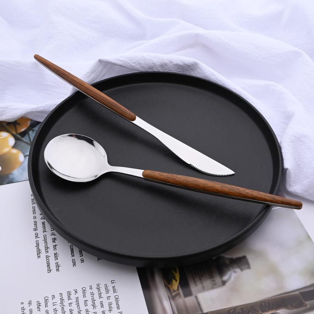 20 piezas/5 piezas de vajilla de acero inoxidable cuchillo tenedor cuchara espejo plata dorado mango de madera lavavajillas cocina cubiertos occidentales