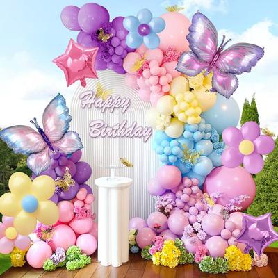 Kit de Arco de Balões com Borboletas Roxas de 110 Peças Balões Rosa Macaron Borboleta Para Festas de Aniversário