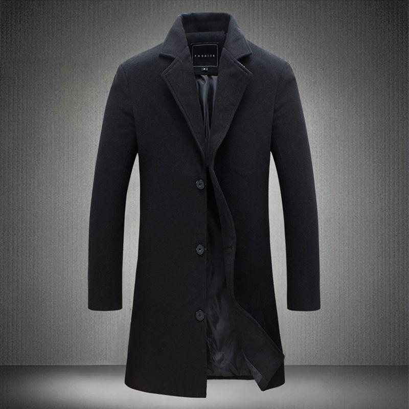 Mens Long Woolen Trench Coat Large Size Single Color Woolen Coat