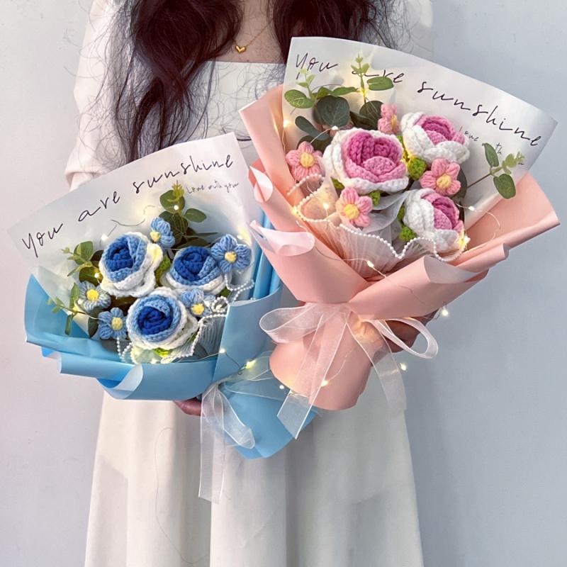 Crochet Flowers Bouquet Knitted Flower Artificial Hand Woven Flower Wedding Gift for Guests Graduation Flower Mother's Day Gifts