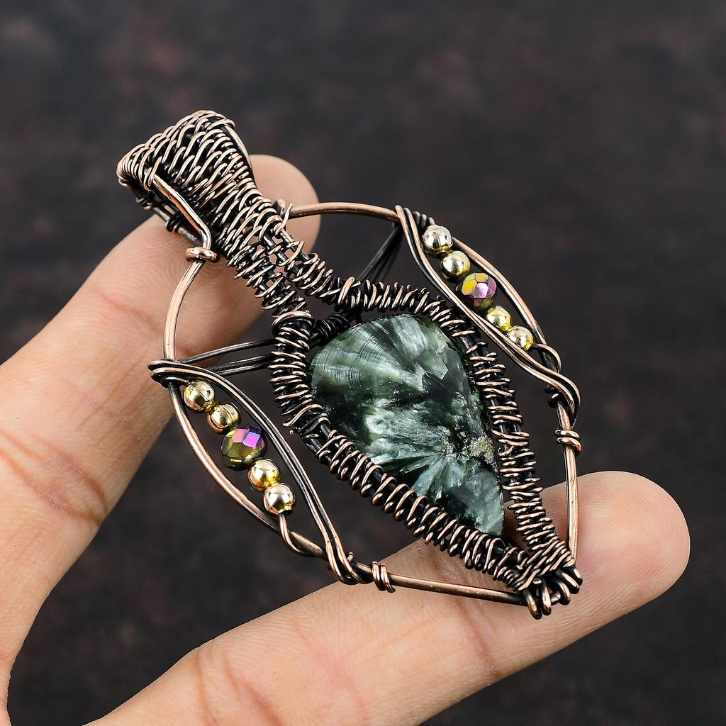 Seraphinite Copper Pendant Wire Wrapped Pendant Titanium Beads Pendant Copper Wire Jewelry Gift For Mother Handmade Pendant Gemstone Jewelry