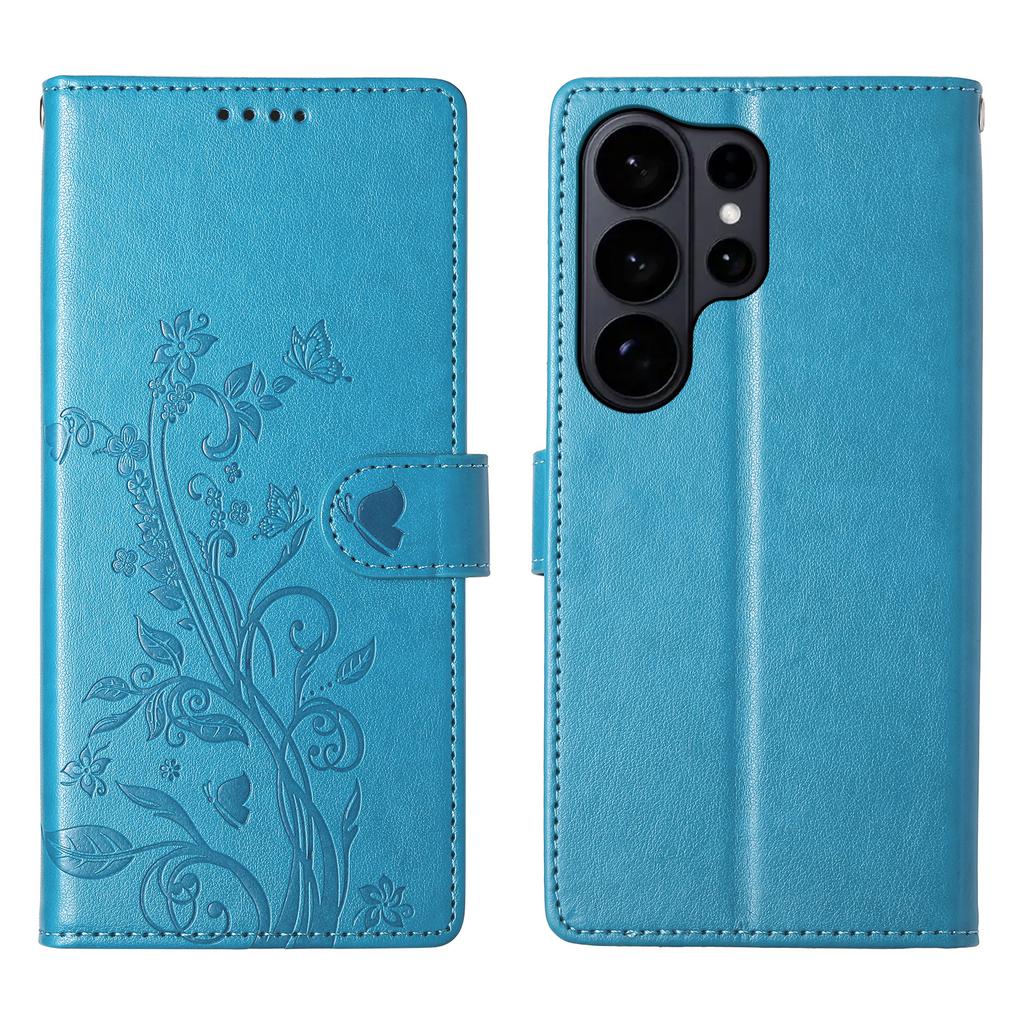For Samsung Galaxy S26 Ultra Wallet Case Butterfly Floral Imprint PU Leather Phone Cover with Wrist Strap
