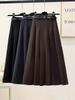 Thick Wool Pleated Midi Skirt for Women, 2025 Autumn/Winter, Small High Waist Slimming A-line.