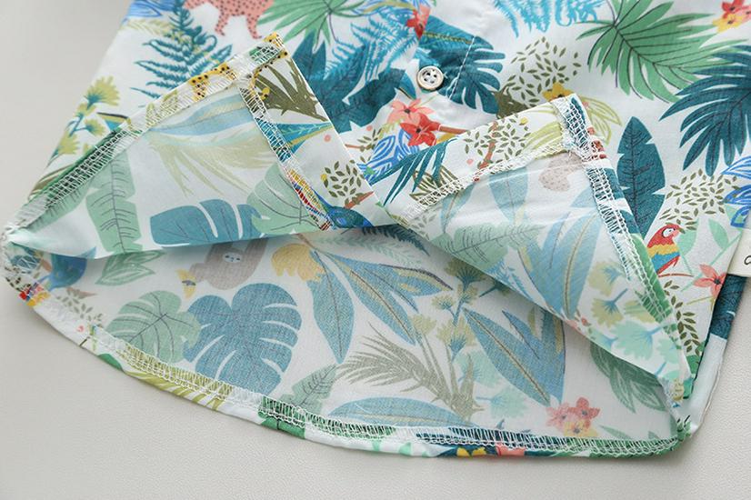 2026 Summer Southeast Asian Resort Boys' Leaf-Print Lapel Shirt & White Shorts Set