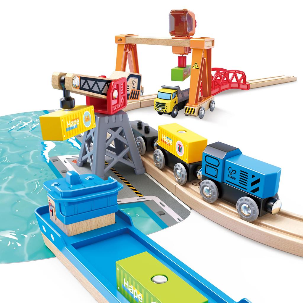 Hape Harbor Work Rail X X 69 Ages 3 and Wooden Pretend Play E3791 Set, 68.4 17.9 Cm, Up, Toy,