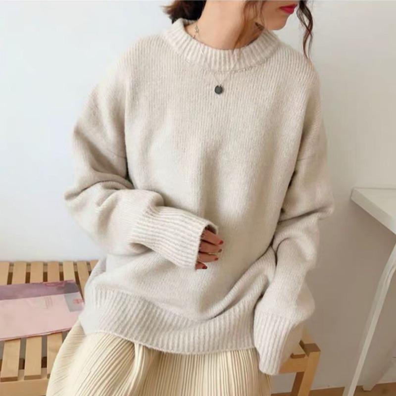 Fashion Solid Long Sleeve Women's Sweaters Autumn and Winter Retro Pullovers Knitted Sweater Ladies Elegant Round Neck Soft Warm Jumpers Tops 25563