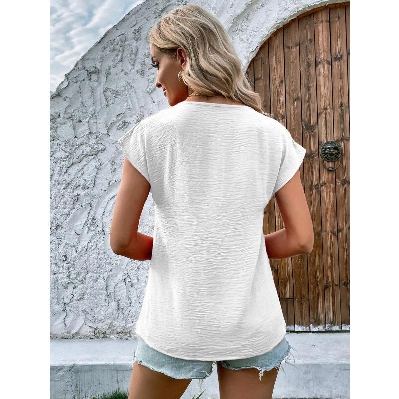 VEZFAA Women's Fashion Casual Summer Spring Solid Color Print Short Sleeve V-Neck Blouses & Shirts