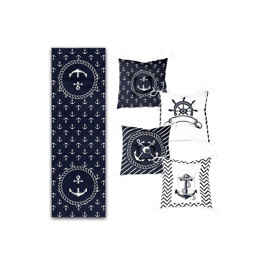 Set de perne pentru scaune cu imprimare digitală Sailor Concept / 4 piese perne pătrate pentru scaune 40×40cm și 1 bucată